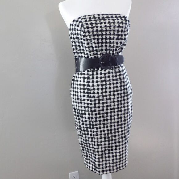 Go International Dress‎ Womens 8 Houndstooth Strapless Retro Plaid Belt Bodycon - Picture 1 of 11